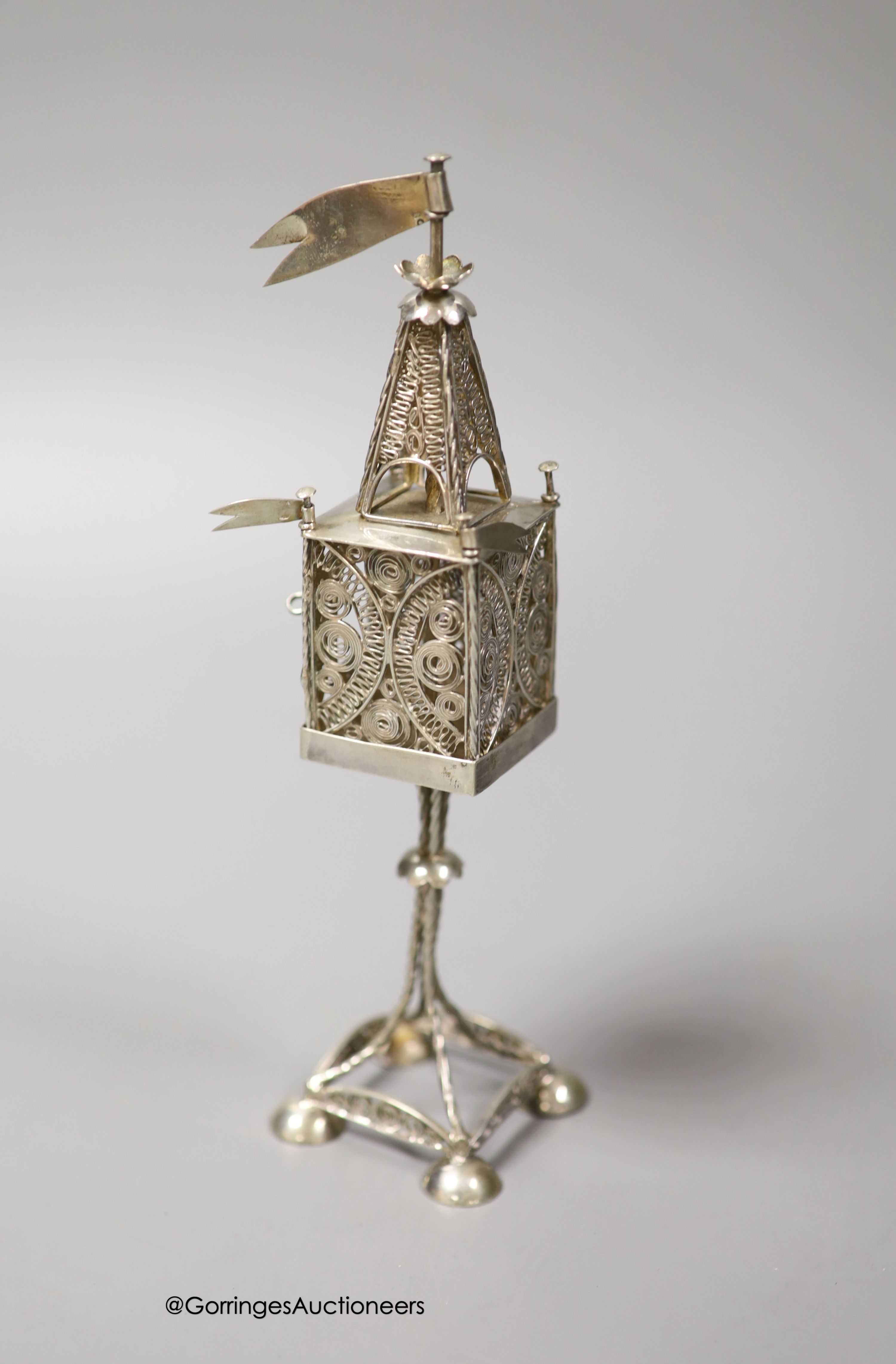 An early to mid 20th century Austrian 800 standard filigree white metal spice tower, height 19.1cm, 104 grams.
